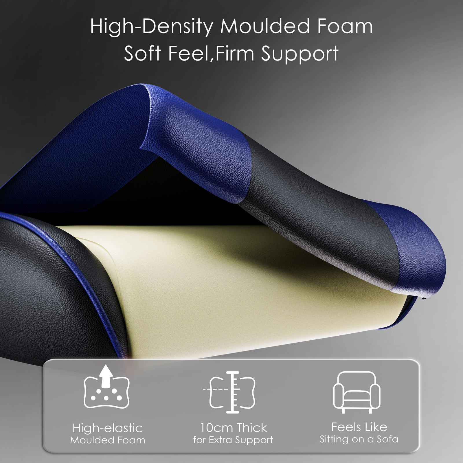[Black + Blue] Cross-section of Xstriker Office Chair With Footrest showing high-density moulded foam for soft feel and firm support. Features 10cm thick cushioning.
