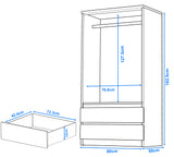 high gloss 2 door wardrobe with drawers dimension: 182.5 cm height, 50 cm depth, and 80 cm width, with 12 cm deep drawers
