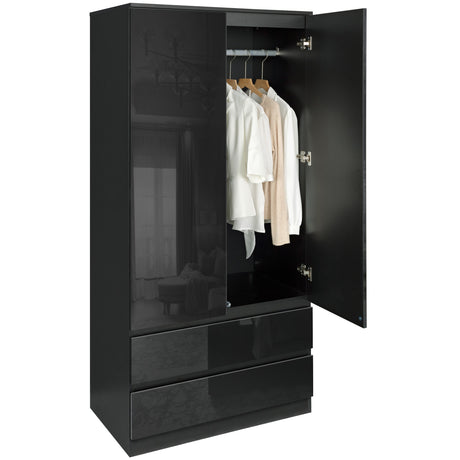 High-gloss 2-door wardrobe with drawers, sleek design for modern spaces, offers spacious storage.