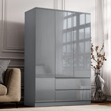 high gloss 3 door grey wardrobe with drawers and shelves, featuring handleless drawers and doors placed in room's corner