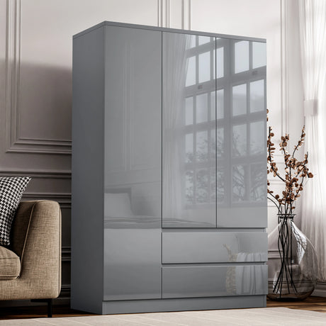 high gloss 3 door grey wardrobe with drawers and shelves, featuring handleless drawers and doors placed in room's corner