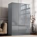 high gloss 3 door grey wardrobe with drawers and shelves, featuring handleless drawers and doors placed in room's corner