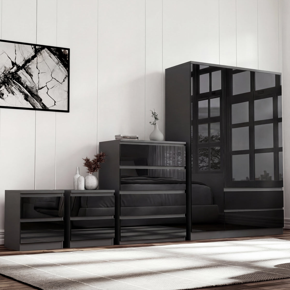 High Gloss 3 Wardrobe Bedroom Set 4 Chest Drawers & Nightstand
