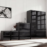 [Black] high gloss 3 door wardrobe with 4 drawer chest and 2 drawer nightstand on cream rug, black finish