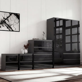 [Black] high gloss 3 door wardrobe with 4 drawer chest and 2 drawer nightstand on cream rug, black finish