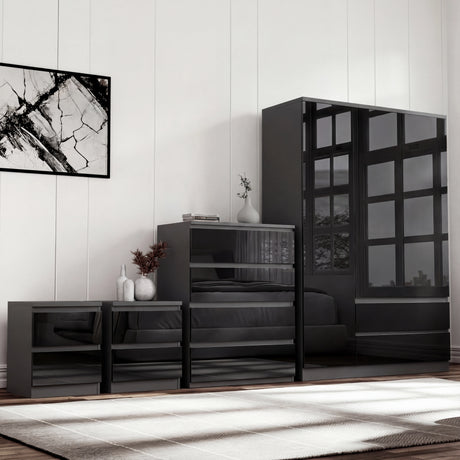 [Black] high gloss 3 door wardrobe with 4 drawer chest and 2 drawer nightstand on cream rug, black finish