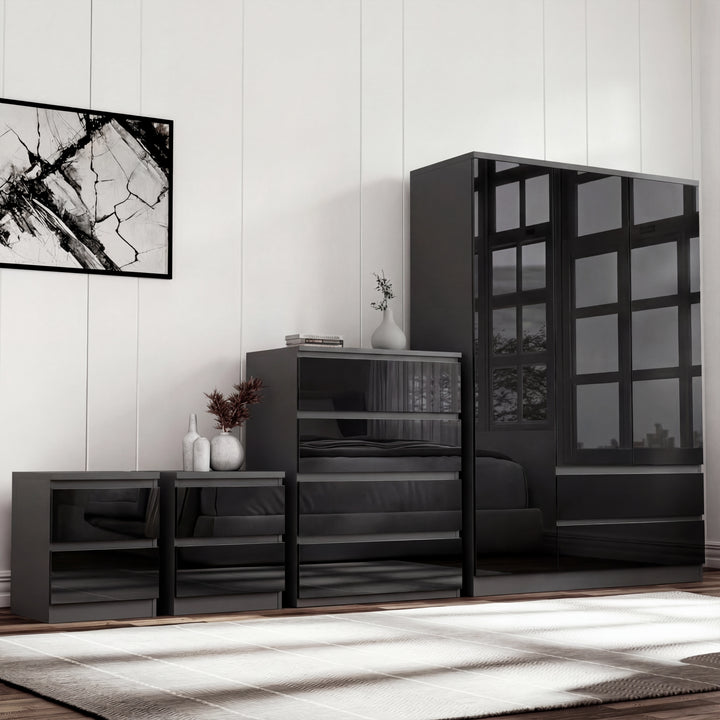 [Black] high gloss 3 door wardrobe with 4 drawer chest and 2 drawer nightstand on cream rug, black finish
