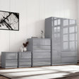 [Grey] grey gloss wardrobe, chest and nightstand lifestyle shot reflecting framed art on panel wall