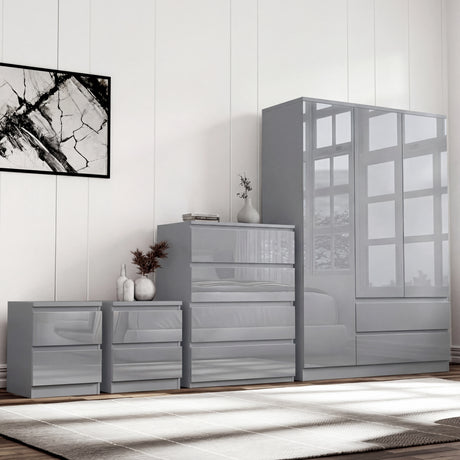 [Grey] grey gloss wardrobe, chest and nightstand lifestyle shot reflecting framed art on panel wall