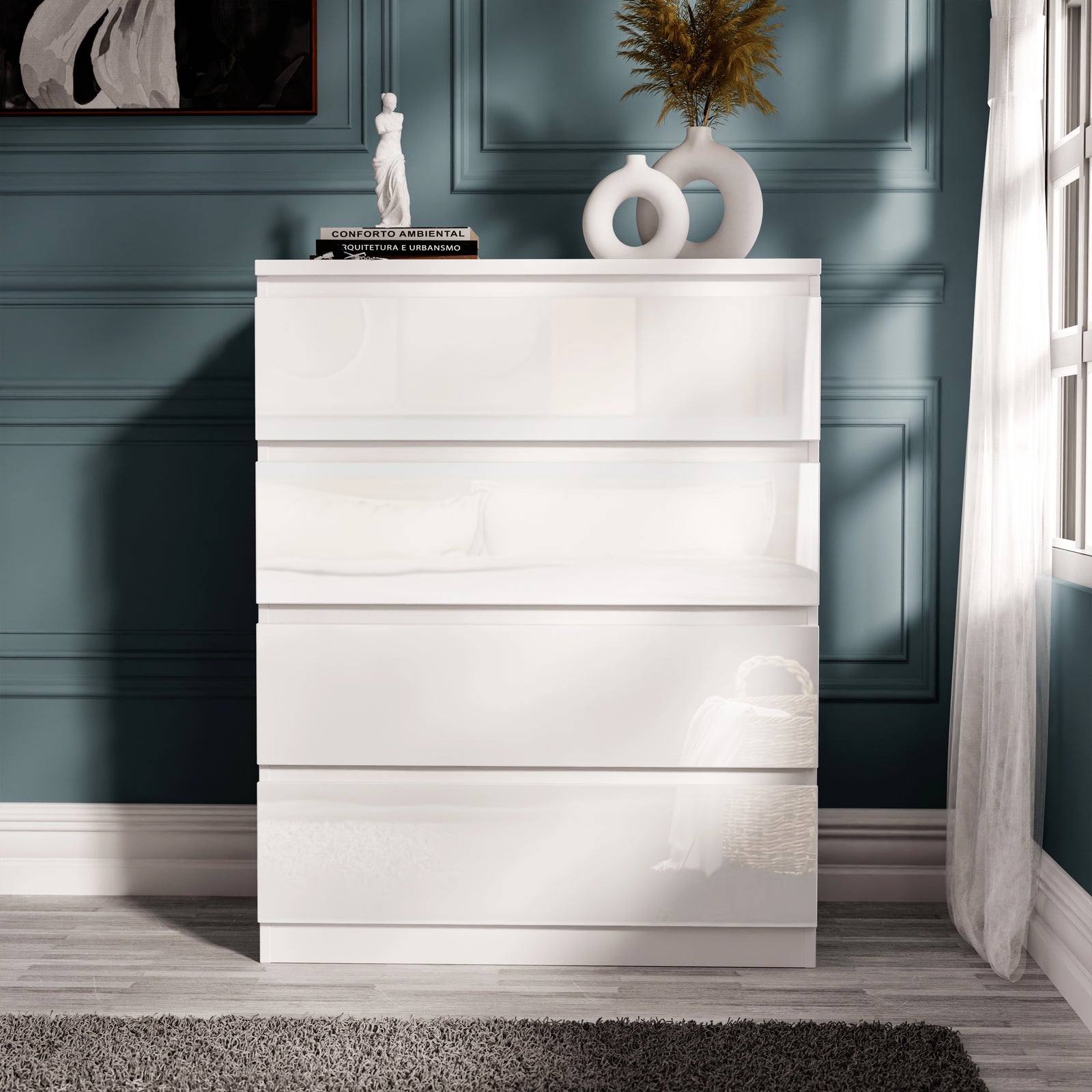 [White] white gloss 4 drawer chest standing alone, drawers closed, decorative figure on top surface