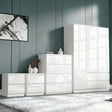 [White] high gloss 3 door wardrobe with 4 drawer chest and 2 drawer nightstand on shag rug, white finish