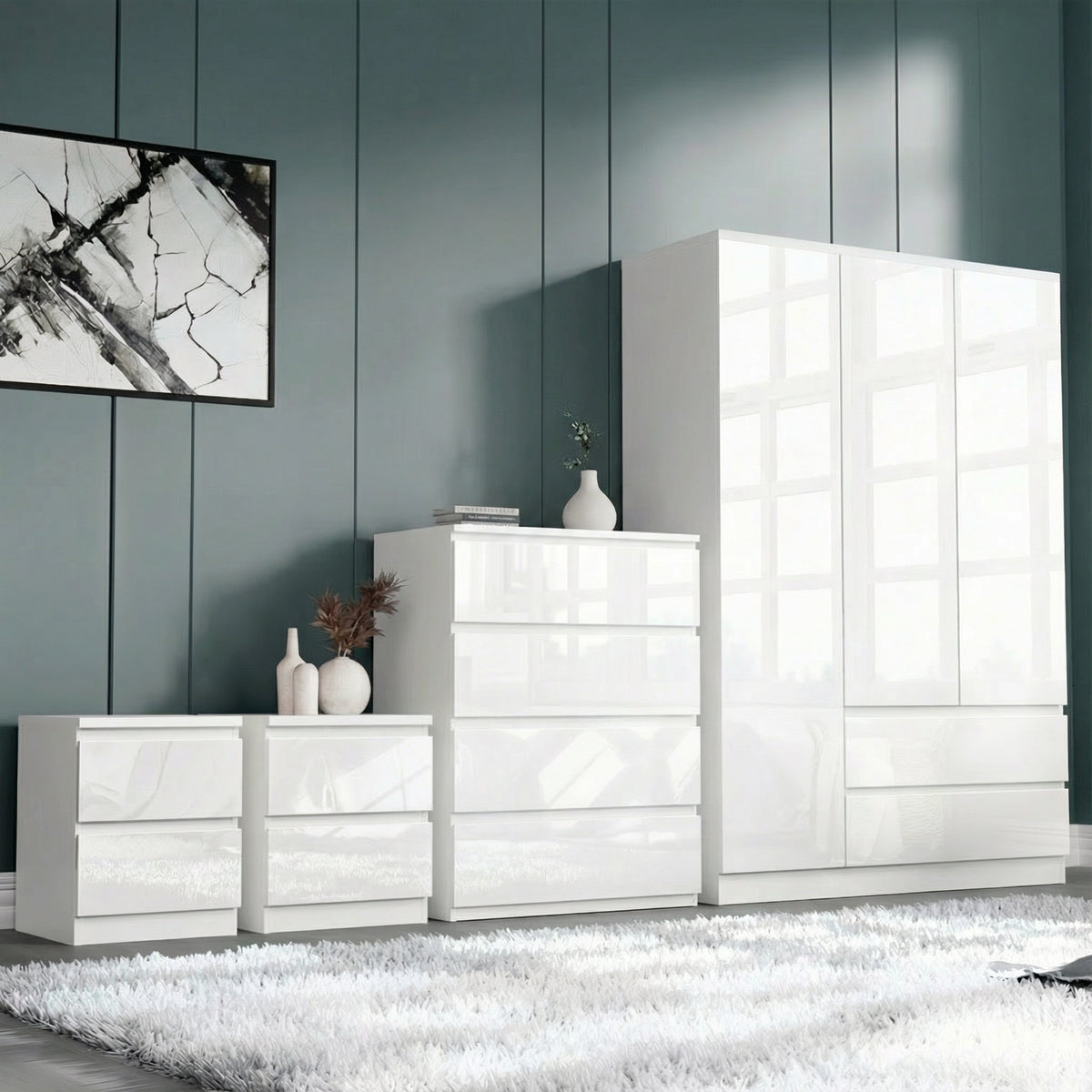 High Gloss 3 Wardrobe Bedroom Set 4 Chest Drawers & Nightstand