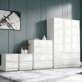 [White] high gloss 3 door wardrobe with 4 drawer chest and 2 drawer nightstand on shag rug, white finish
