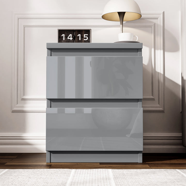 [grey] high gloss 3 piece bedroom set bedside table showing handleless high gloss 3 piece set