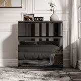 [Black] high gloss 3 drawer chest of drawers shown front-on with white vase and clock styled on the surface