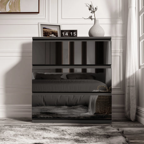 [Black] high gloss 3 drawer chest of drawers shown front-on with white vase and clock styled on the surface
