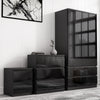 [Black] high gloss wardrobe with lower drawers, chest of drawers and bedside arranged below framed cracked-glass artwork