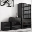 [Black] high gloss wardrobe with lower drawers, chest of drawers and bedside arranged below framed cracked-glass artwork