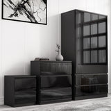 [Black] high gloss wardrobe with lower drawers, chest of drawers and bedside arranged below framed cracked-glass artwork