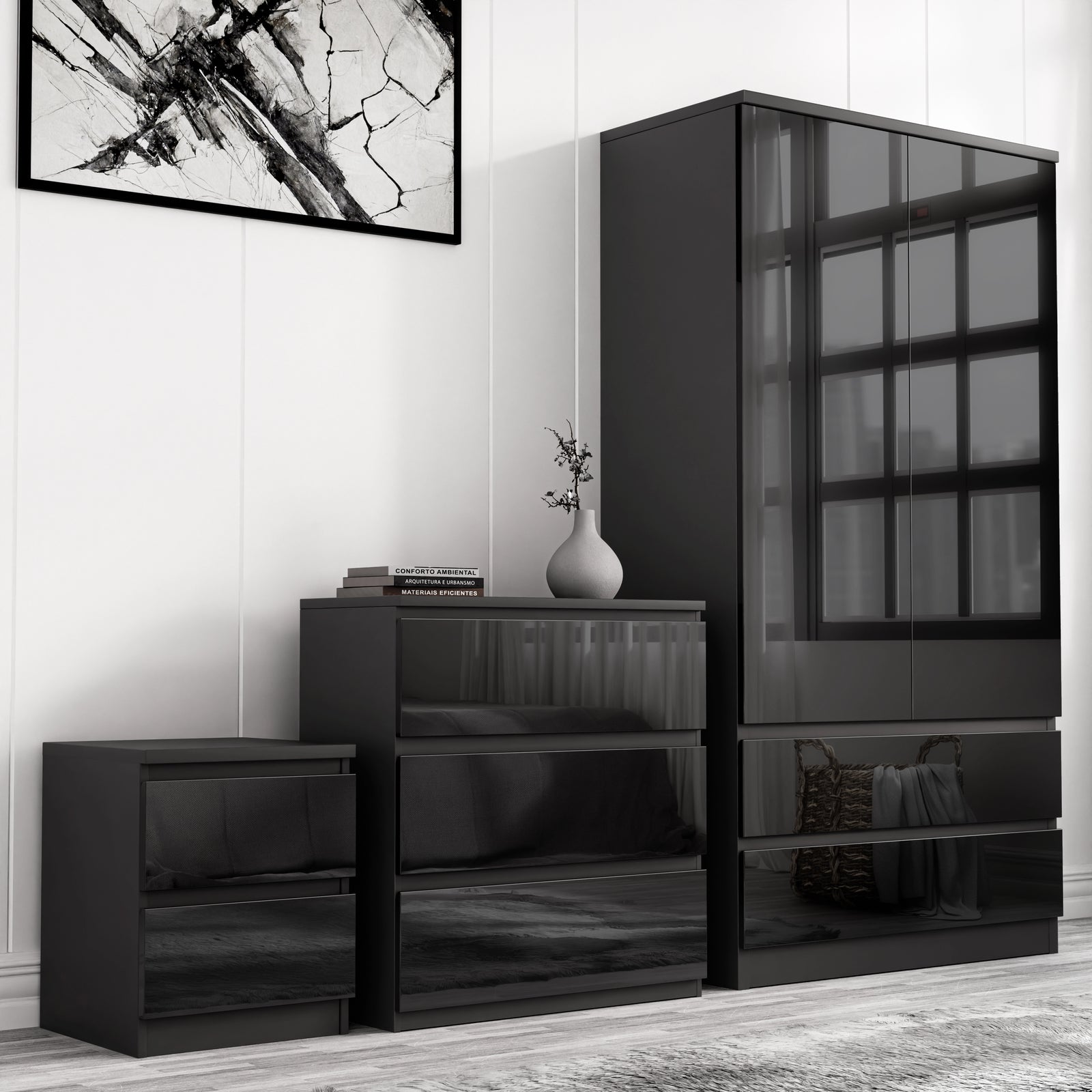 [Black] high gloss wardrobe with lower drawers, chest of drawers and bedside arranged below framed cracked-glass artwork