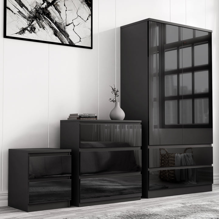 [Black] high gloss wardrobe with lower drawers, chest of drawers and bedside arranged below framed cracked-glass artwork