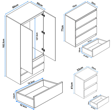 [Grey] high gloss 3 piece dimensions: wardrobe 80x50x182.5, chest 70x35x77, bedside 33x32x41 cm