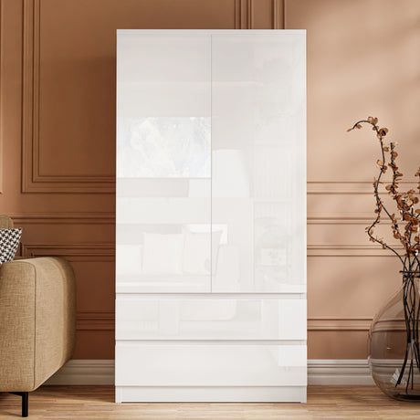 [White] high gloss 2 door wardrobe with 2 lower drawers in front of terracotta wall and mustard armchair