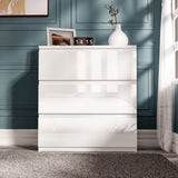 [White] high gloss 3 drawer chest straight-on view with framed photo and stems styled above on dark teal wall