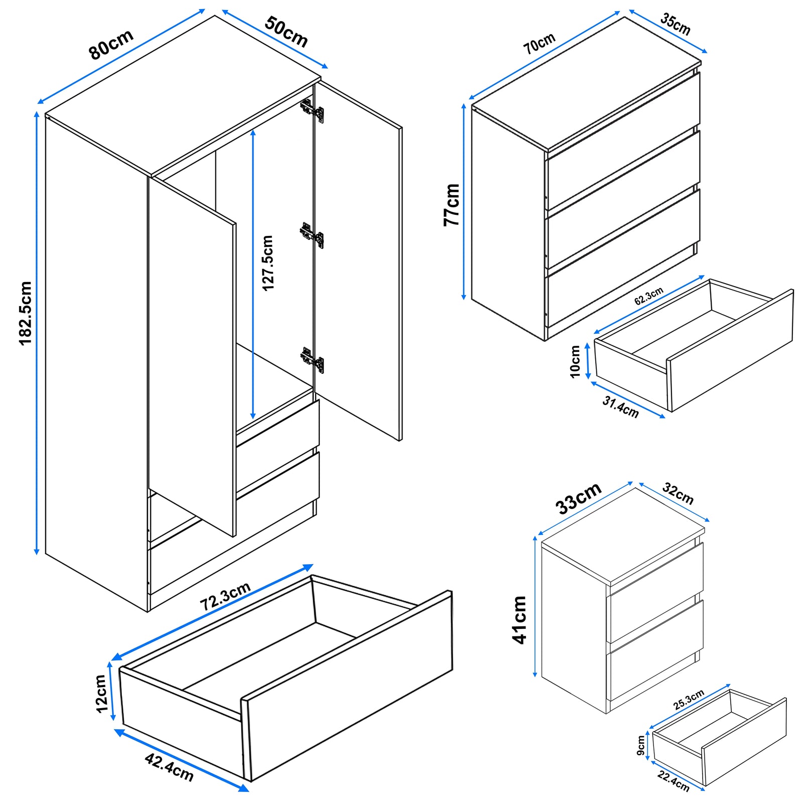 [White] high gloss 3 piece dimensions: wardrobe 80x50x182.5, chest 70x35x77, bedside 33x32x41 cm