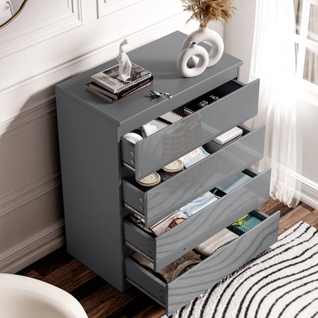 Dark grey dresser with open drawers in a room setting