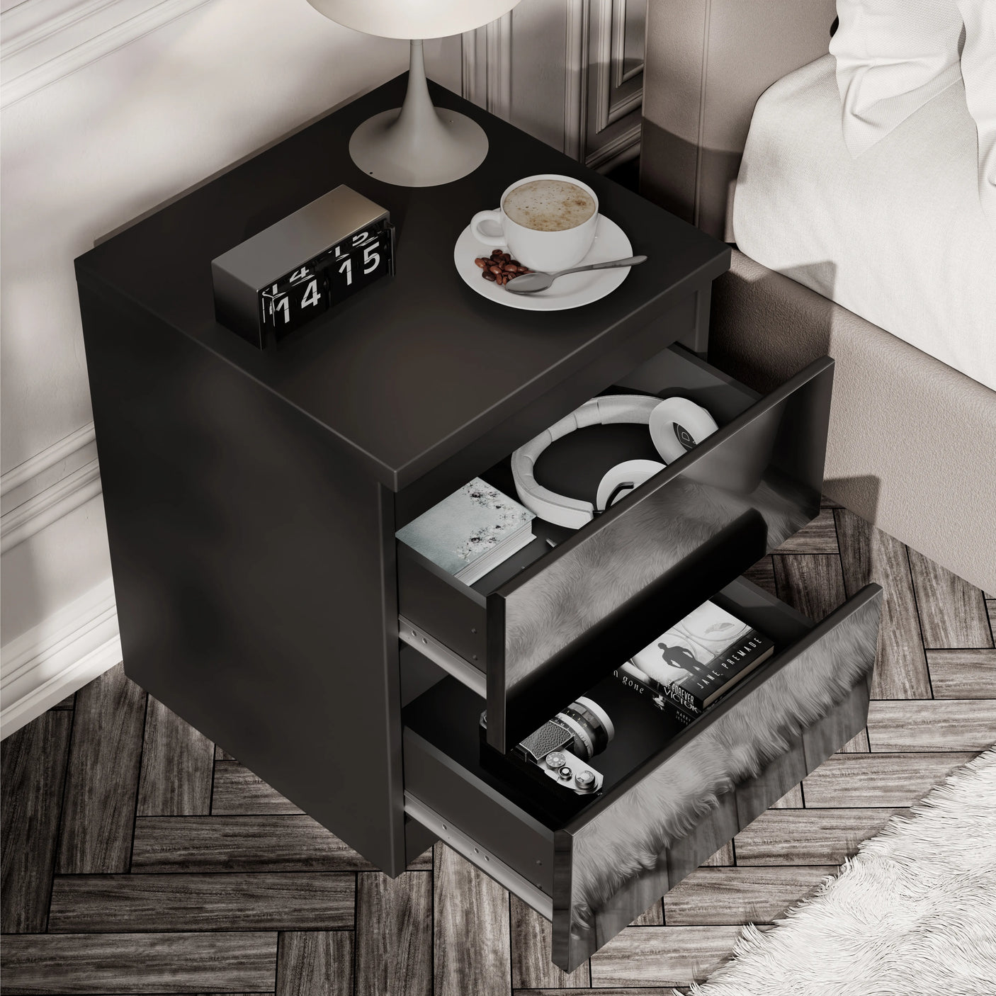 High Gloss 2 Drawer Bedside Table - Nightstand with Drawers