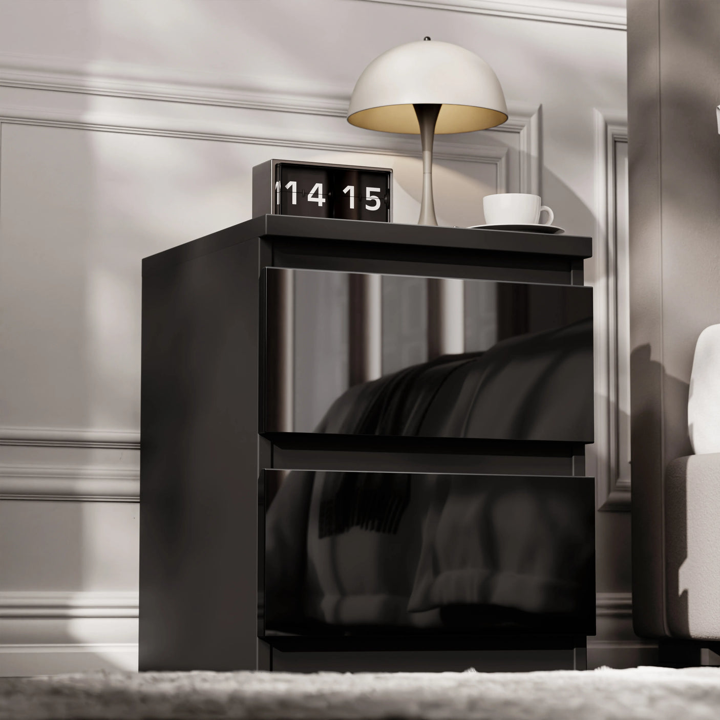 High Gloss 2 Drawer Bedside Table - Nightstand with Drawers