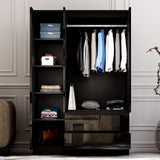 [Black] Interior of black high gloss 3 door wardrobe from the High Gloss 4 Piece Bedroom Set, featuring shelves, rails, and drawers