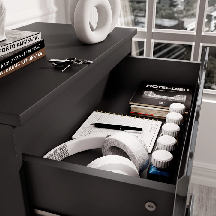 [Black] Top drawer of black High Gloss Chester Drawers showing storage of books, headphones, and accessories for multipurpose use.