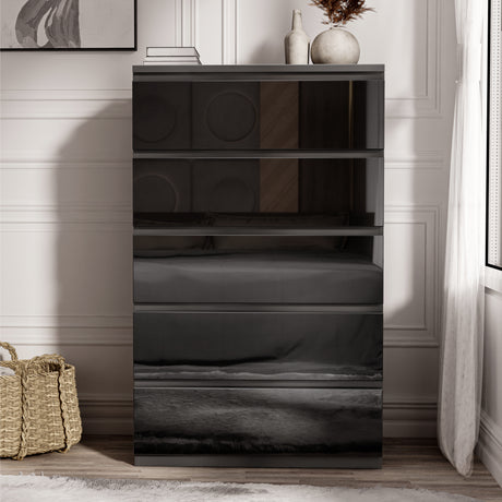 High Gloss Tall Chest of Drawers with 5 spacious drawers in sleek black finish, ideal for modern bedroom storage and organization.