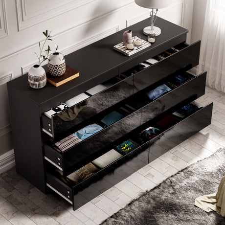 High Gloss Large 6 Drawer Chest of Drawers | Bedroom Dresser in black finish with open drawers showing organised clothes, ideal for modern bedrooms.
