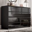 High Gloss Wide 8 Drawer Chest of Drawers in black finish, modern bedroom dresser with sleek reflective surface and ample storage space.