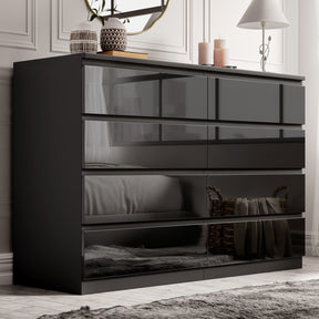 High Gloss Wide 8 Drawer Chest of Drawers in black finish, modern bedroom dresser with sleek reflective surface and ample storage space.