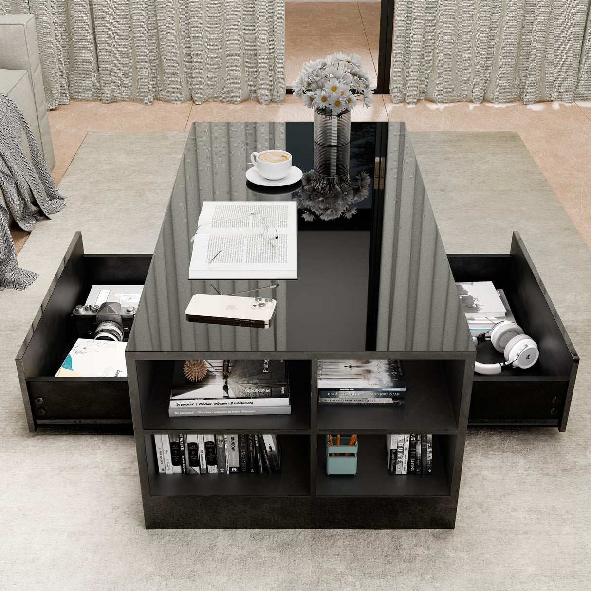 Modern black gloss coffee table with dual drawers and LED-lit center shelf, ideal for stylish storage and decor.