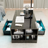 Modern black marble coffee table with dual drawers and LED-lit center shelf for elegant and functional storage.