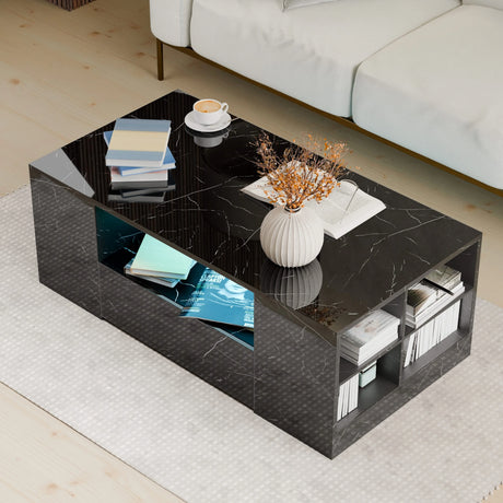 [Black Marble] Stylish black marble gloss coffee table with storage & LED lighting and side shelving, ideal for contemporary home decor.