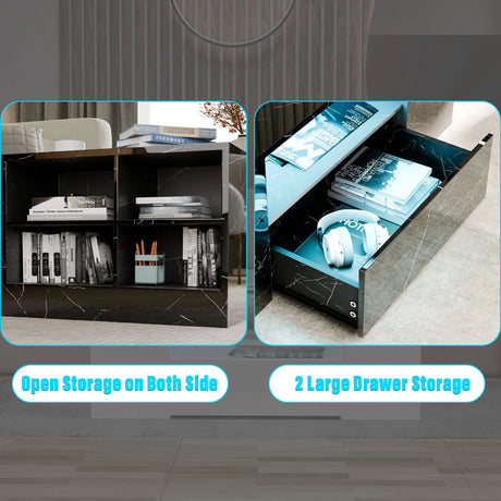 [Black Marble] Close-up of black marble LED coffee table with storage showing open shelves and large drawers for organized living room storage.
