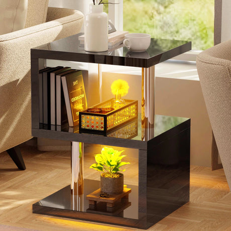 Black high gloss side table with yellow LED lights and 3-tier storage, ideal for contemporary home interiors.