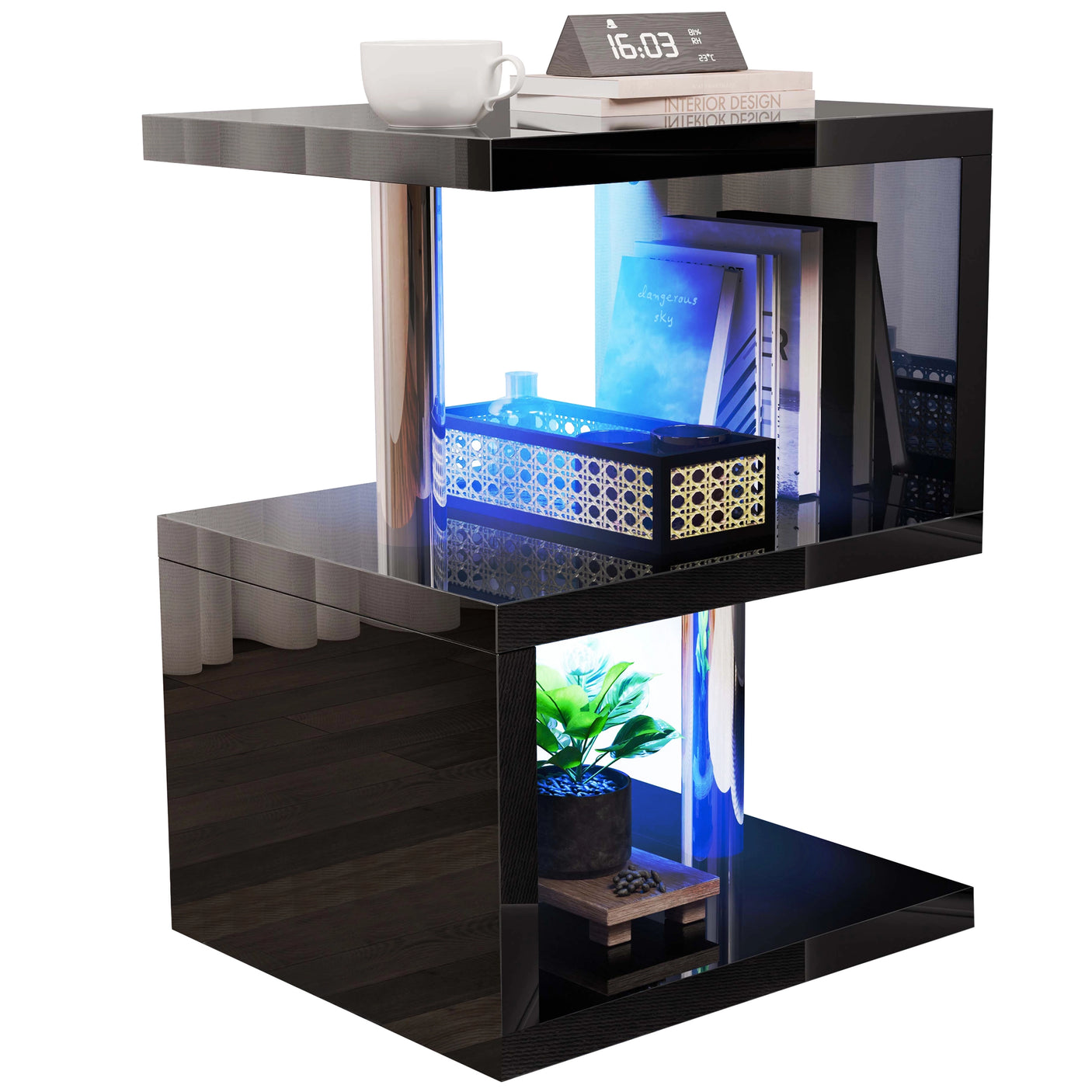 Black LED end table with blue lighting and 3-tier storage, ideal for compact modern living or bedroom spaces.