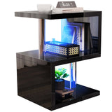 Black LED end table with blue lighting and 3-tier storage, ideal for compact modern living or bedroom spaces.
