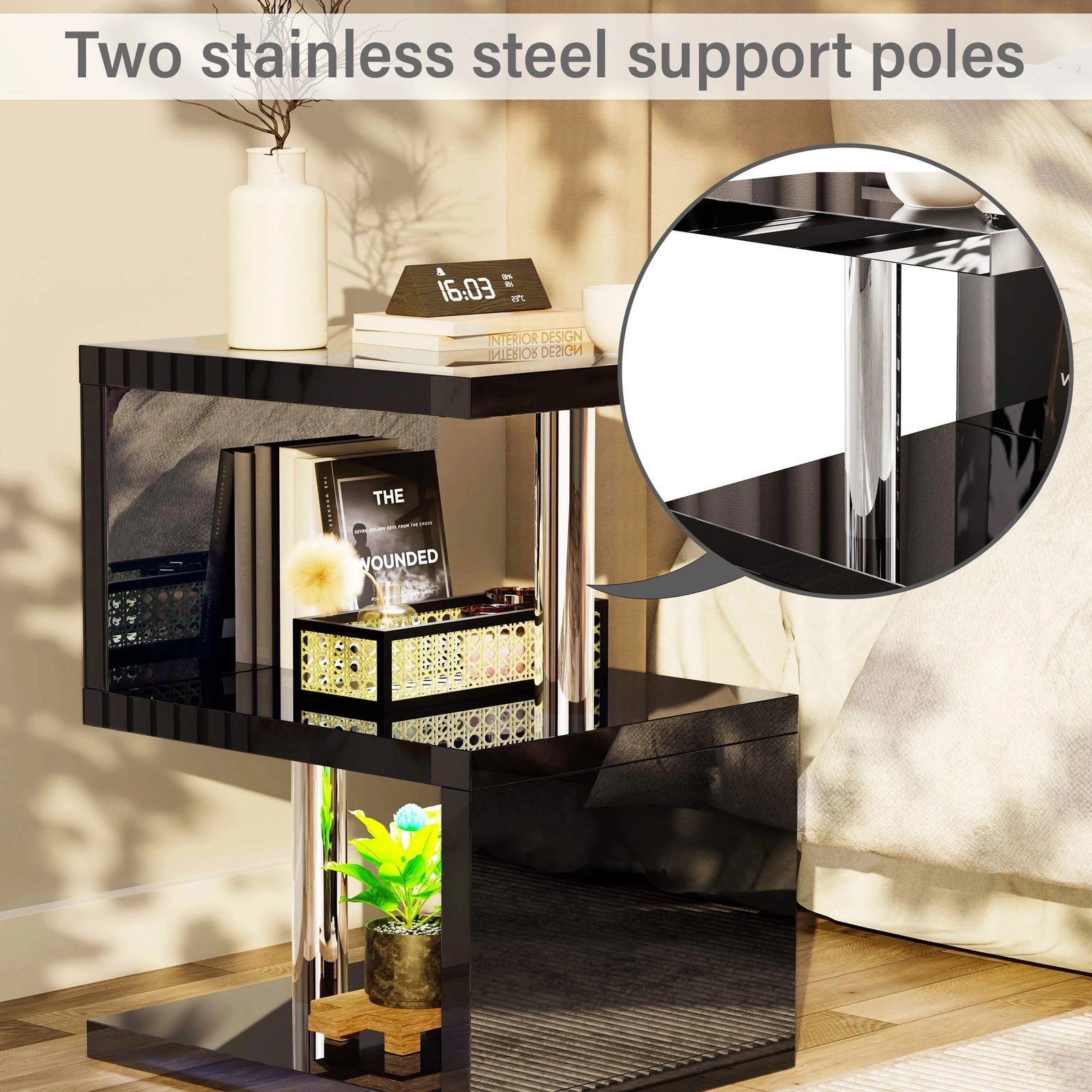 [Black] Black side table chrome pole detail with magnified circular inset showing pole join under top shelf