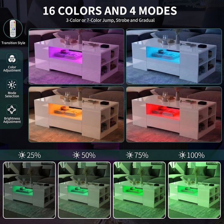 [White] white high gloss coffee table shown in pink, blue, green and red LED states across four panels