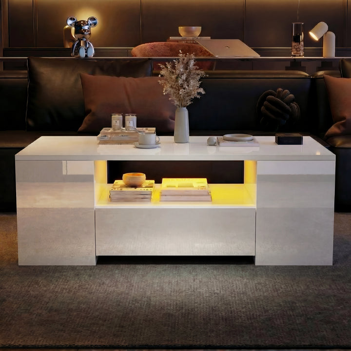[White] white high gloss coffee table with warm yellow LED centre shelf and dried branches in vase