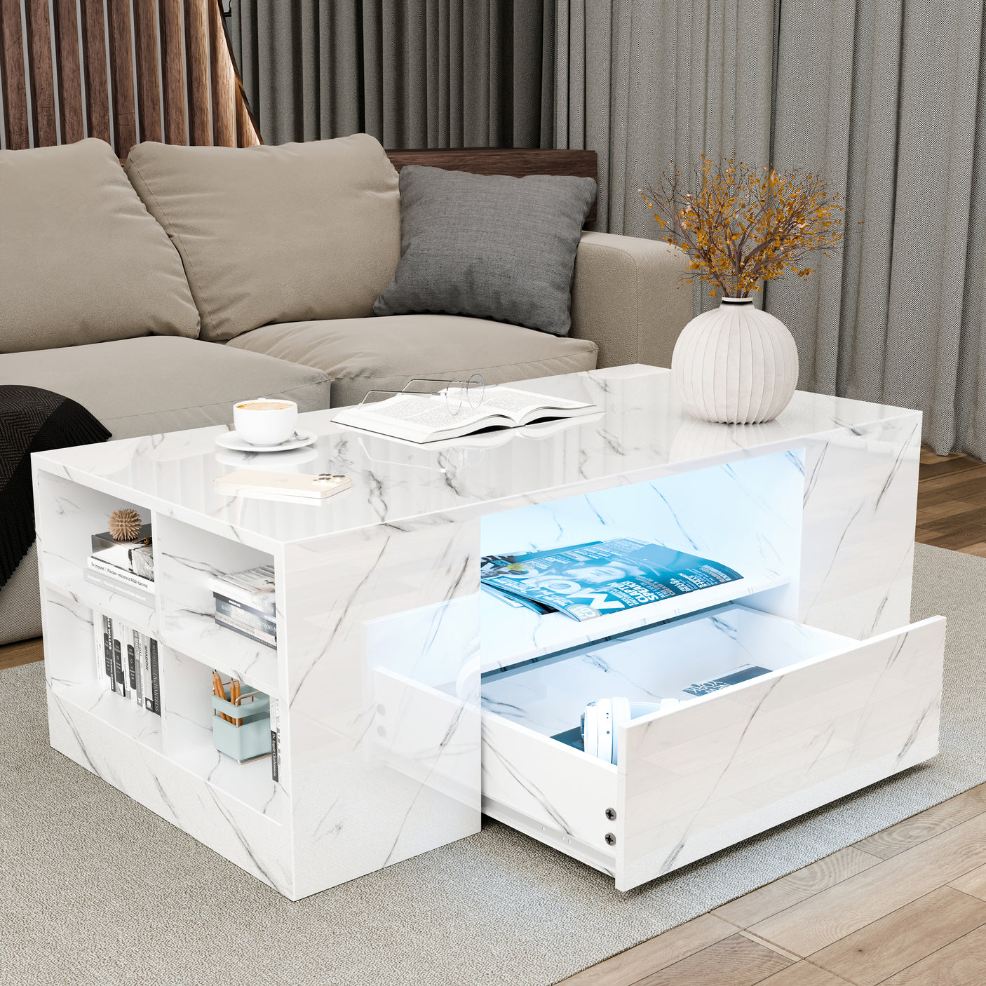 High Gloss Coffee Table With Storage & LED Lights