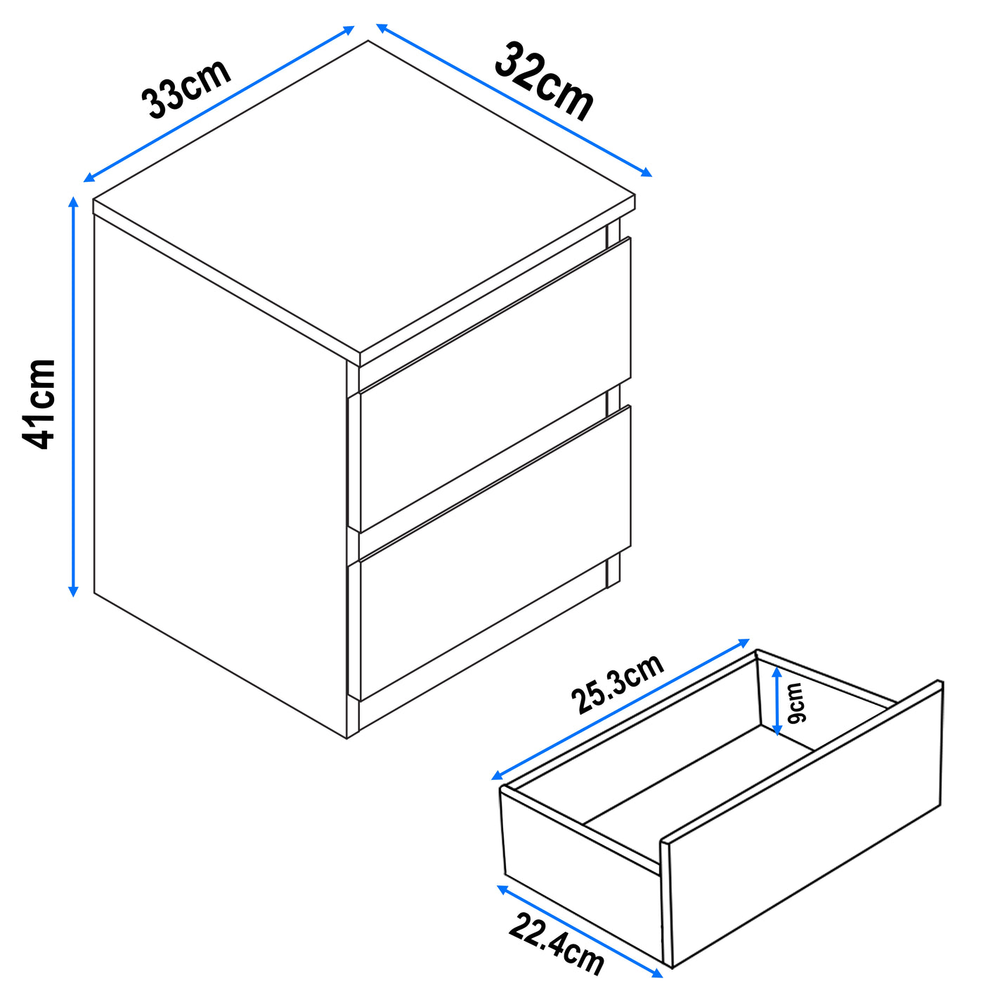 High Gloss 2 Drawer Bedside Table - Nightstand with Drawers